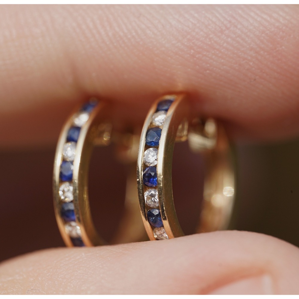 Vintage 14k Solid Yellow Gold Channel Diamond Sapphire Hoop Earrings - Huggies